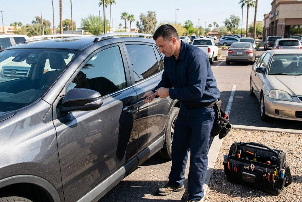 Mobile locksmith unlocking a car door during a car lockout service call in Tempe AZ
