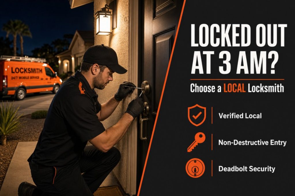 Locksmith technician opening a front door deadbolt at night in Tempe with infographic panel about choosing a local locksmith