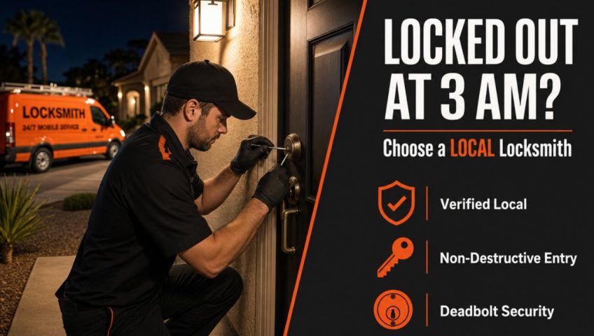 Locksmith technician opening a front door deadbolt at night in Tempe with infographic panel about choosing a local locksmith