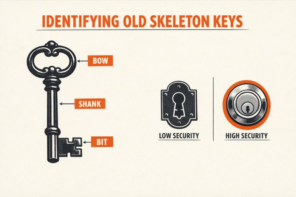 Infographic identifying the parts of an old skeleton key and comparing antique warded locks to modern deadbolt security
