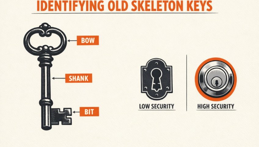 Infographic identifying the parts of an old skeleton key and comparing antique warded locks to modern deadbolt security