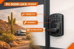 RV door lock upgrade infographic showing unique key, deadbolt, and keypad entry options — CallOrange Locksmith Tempe
