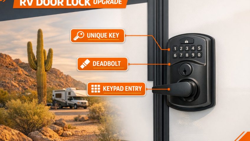 RV door lock upgrade infographic showing unique key, deadbolt, and keypad entry options — CallOrange Locksmith Tempe