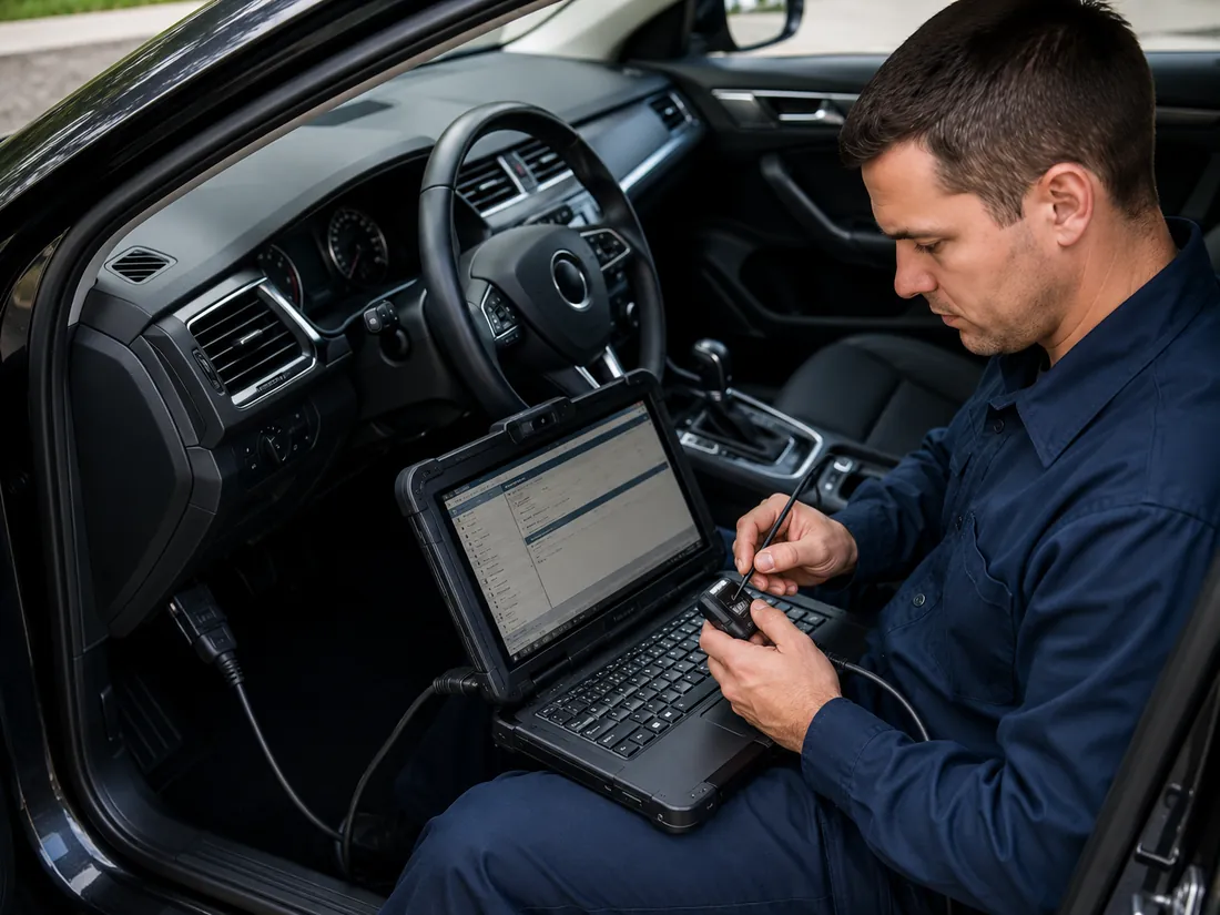 Automotive locksmith programming a car key with a laptop inside a vehicle in Tempe, AZ