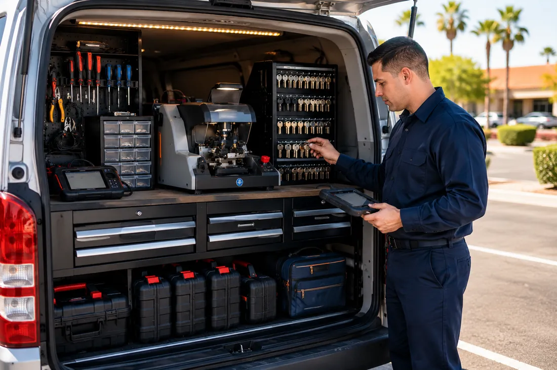 Mobile locksmith working from a fully-stocked service van in Tempe, AZ