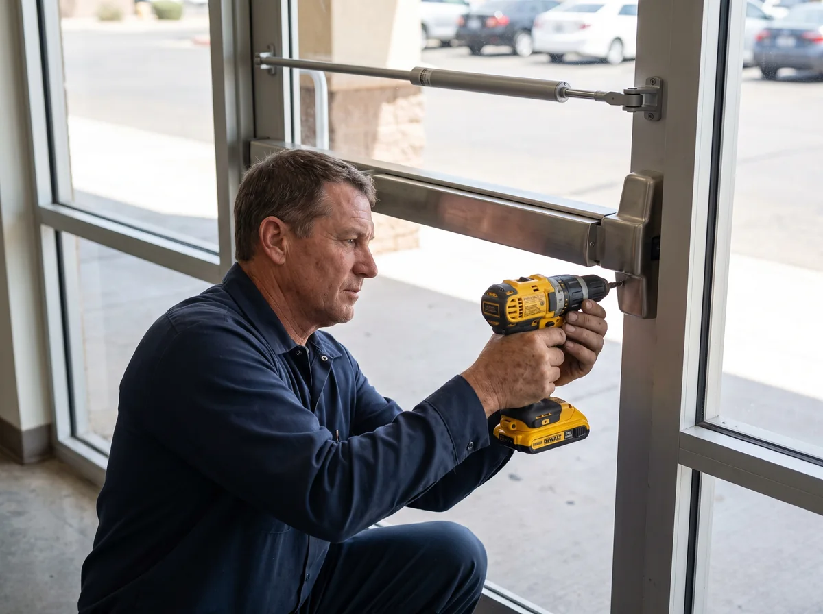 Commercial locksmith servicing a glass storefront door lock in Tempe, AZ