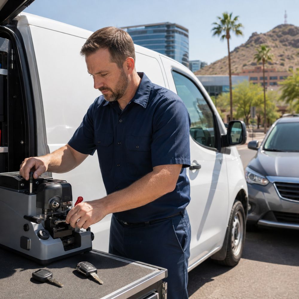 Mobile locksmith working from a fully-stocked service van in Tempe, AZ