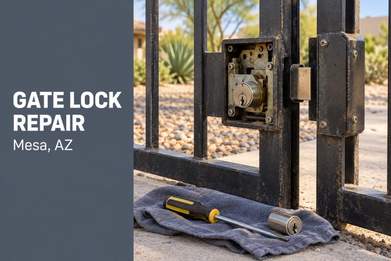 Gate lock repair in Mesa on a commercial steel gate