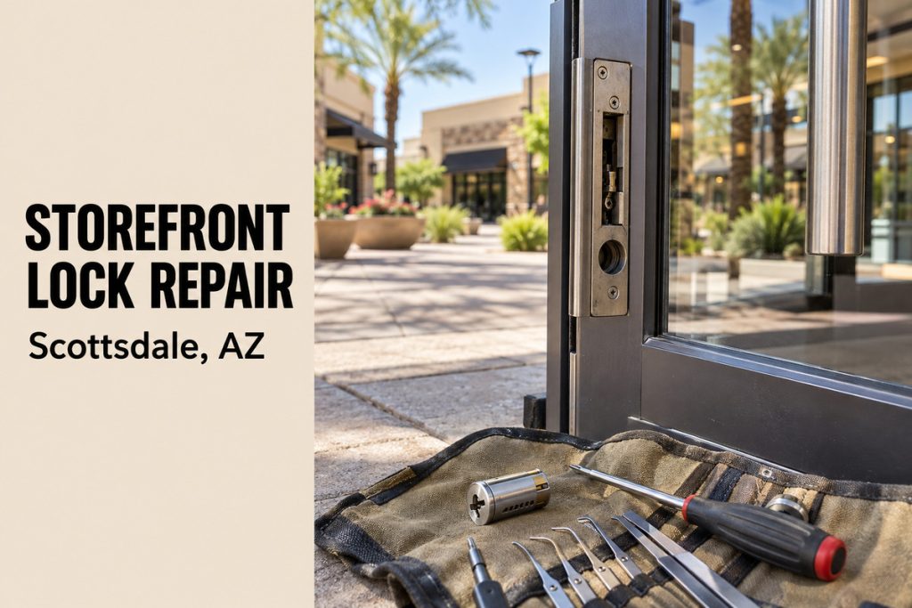 Storefront door lock repair in Scottsdale on a glass door
