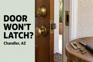 Front door won't latch in Chandler: deadbolt and strike plate